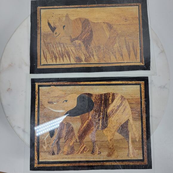 Vintage Banana Leaf Elephant and Rhino Painting Unframed Safari Wall Art - Picture 1 of 11